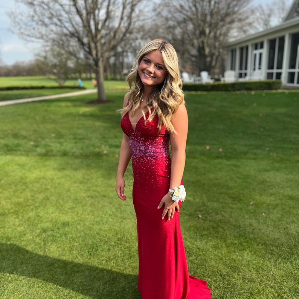 Red designer prom dress